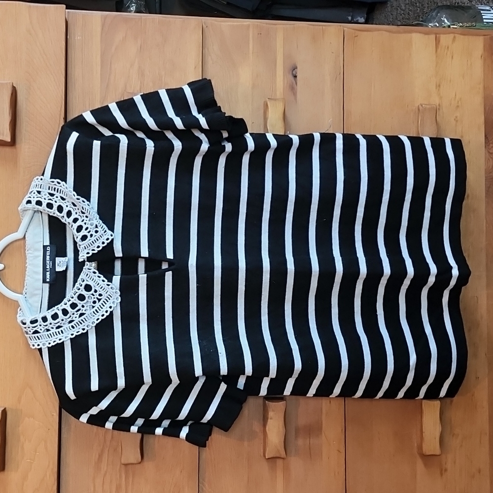 Karl Lagerfeld Paris: Striped, Key-hole, Contrast Collar w/ Ruffle Sweater